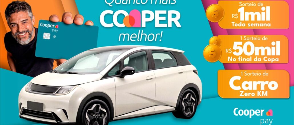Banner da promoção Quanto Mais Cooper Melhor, da Cooper Pay, com prêmios de R$1mil semanais, R$50mil no final da Copa e um carro zero km.