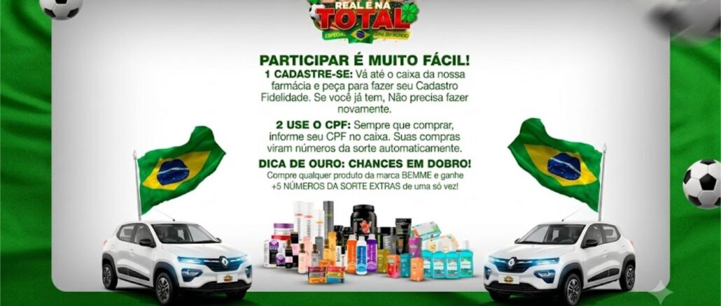 Promoção Sorte Real é na Total Banner promocional da campanha Sorte Real é na Total com temática de futebol, exibindo dois carros brancos, diversos produtos de farmácia e instruções de participação.