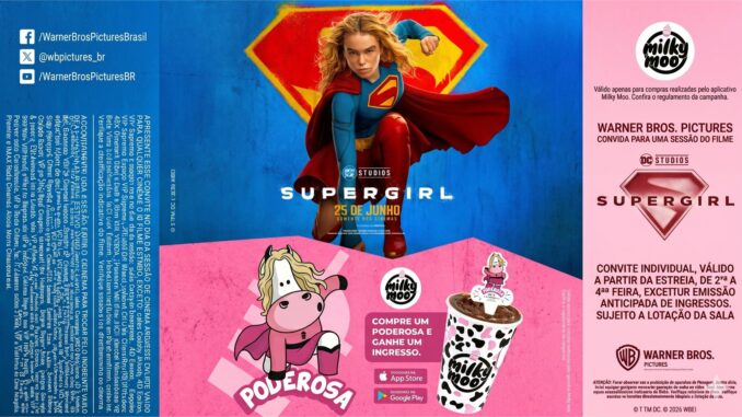 Pôster promocional do filme Supergirl com a personagem voando no centro, acompanhado da mascote da Milky Moo e detalhes de uma promoção de ingressos de cinema.