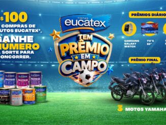 Banner da promoção Tintas Eucatex Tem Prêmio em Campo, com prêmios diários como Samsung Galaxy Watch, TVs 60 polegadas e tablets Samsung, além de 3 motos Yamaha como prêmio final.