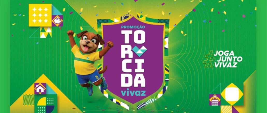 Banner da Promoção Torcida Vivaz com mascote canino vestindo uniforme da seleção brasileira em fundo verde