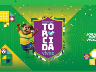 Banner da Promoção Torcida Vivaz com mascote canino vestindo uniforme da seleção brasileira em fundo verde