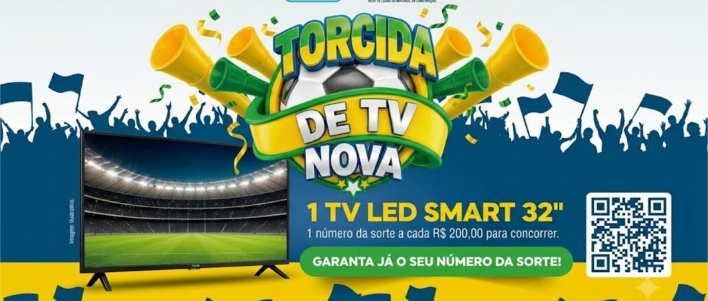 Banner publicitário com as cores da bandeira do Brasil apresentando a promoção Torcida de TV Nova das marcas Amanco Wavin e Constrói Minas para o sorteio de uma Smart TV de 32 polegadas.