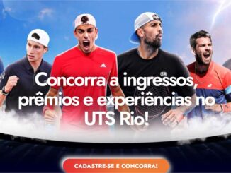 Quatro tenistas profissionais posam em frente à paisagem do Rio de Janeiro com o texto "Concorra a ingressos, prêmios e experiências no UTS Rio!" e botão de cadastro.