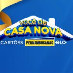 Arte da promoção Você de Casa Nova, dos Cartões Pernambucanas Elo, com logotipo em amarelo e branco sobre fundo azul e detalhe de fita dourada.