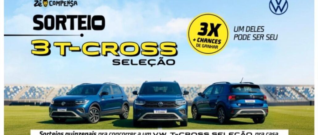 Banner promocional do sorteio Zé Compensa em parceria com Volkswagen, mostrando três unidades do SUV T-Cross Seleção na cor azul estacionadas lado a lado em um campo de futebol, com arquibancadas ao fundo, logotipo da Volkswagen no canto superior direito e selo amarelo destacando 3X mais chances de ganhar.