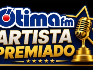 Logotipo da promoção Artista Premiado da rádio Ótima FM, com troféu dourado em formato de microfone e estrela ao fundo