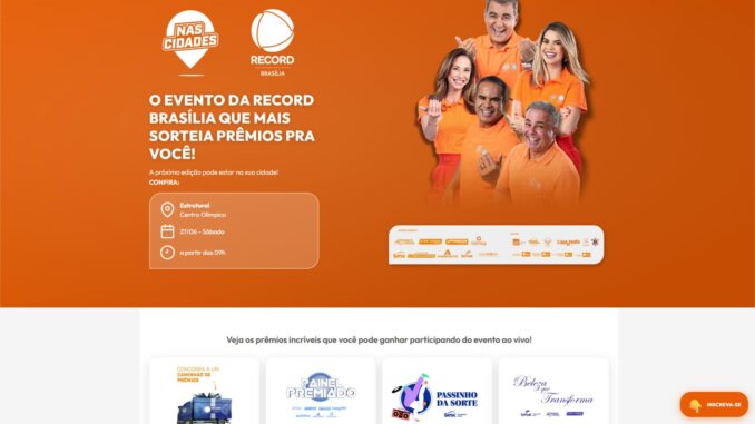 Banner do evento Record Nas Cidades Brasília, com data de 27 de junho de 2026 no Centro Olímpico da Estrutural, a partir das 9h, destacando prêmios como caminhão de prêmios, Painel Premiado, Passinho da Sorte e Beleza que Transforma.