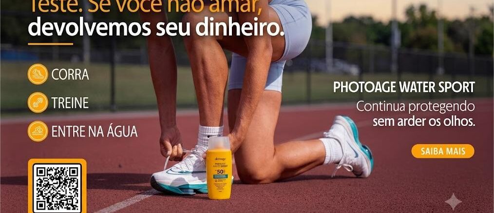 Anúncio do protetor solar Dermage Photoage Water Sport FPS 50+ com oferta de reembolso garantido, exibindo atleta amarrando o tênis em uma pista de atletismo.