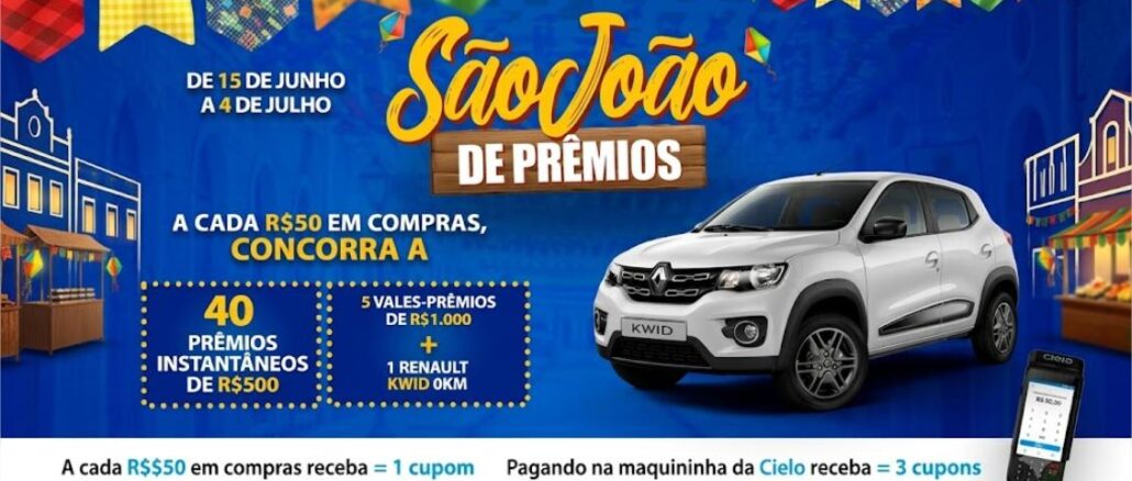 Banner promocional São João de Prêmios da CDL São Luís, com prêmios instantâneos, vales e um Renault Kwid 0km, válido de 15 de junho a 4 de julho.