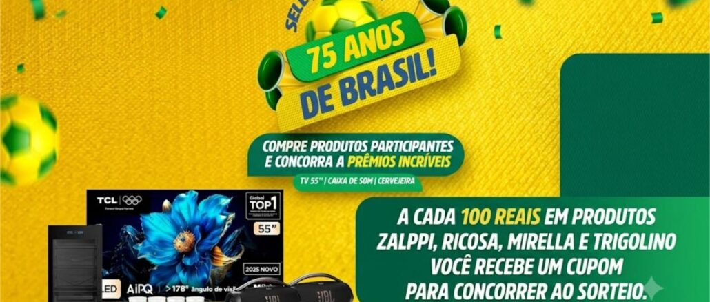 Banner da promoção Seleção Ocrim 75 Anos de Brasil com prêmios como TV TCL 55", caixa de som JBL e cervejeira, sobre fundo amarelo com elementos do futebol brasileiro.