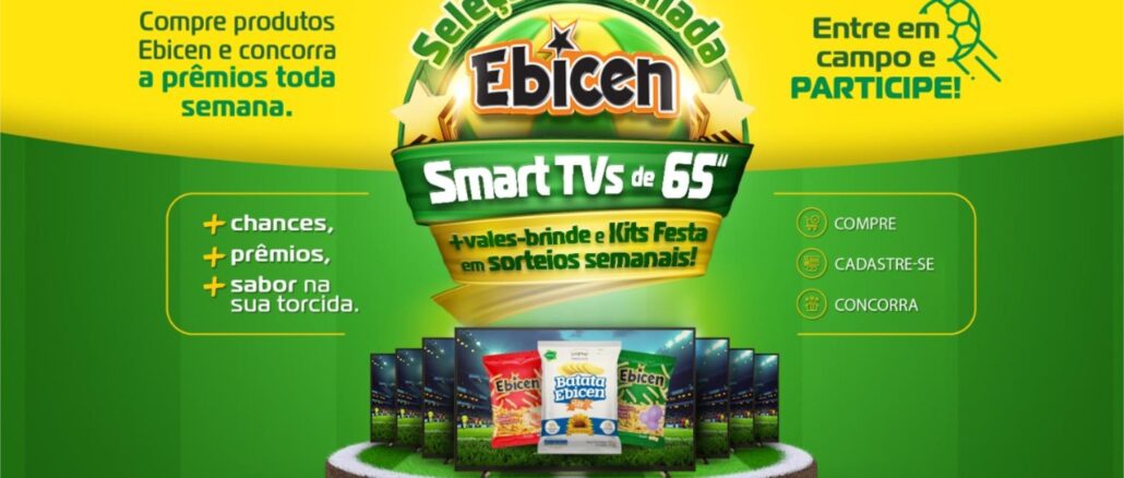 Banner promocional da campanha Seleção Premiada Ebicen, com prêmios de Smart TVs de 65 polegadas, vales-brinde e Kits Festa em sorteios semanais.