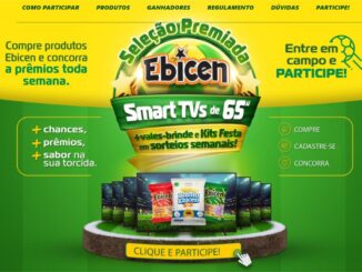 Banner promocional da campanha Seleção Premiada Ebicen, com prêmios de Smart TVs de 65 polegadas, vales-brinde e Kits Festa em sorteios semanais.