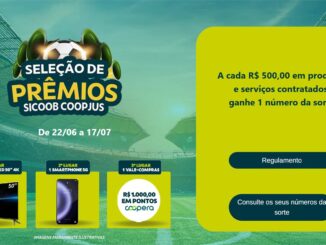 Promoção Seleção de Prêmios Sicoob Coopjus: a cada R$500,00 em produtos e serviços contratados, concorra a Smart TV LED 50" 4K, smartphone 5G e vale-compras de R$1.000,00 em pontos Coopera. Válida de 22/06 a 17/07.