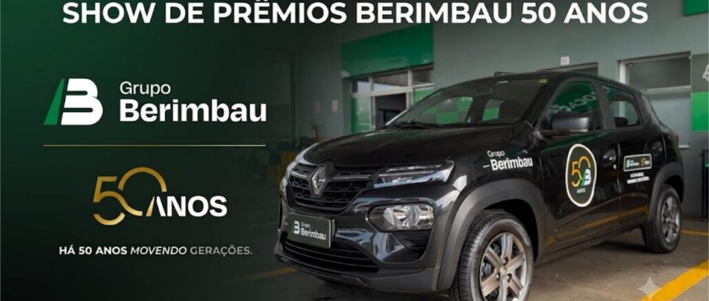 Promoção Show de Prêmios Berimbau 50 Anos com Renault Kwid preto estampado com a marca Grupo Berimbau