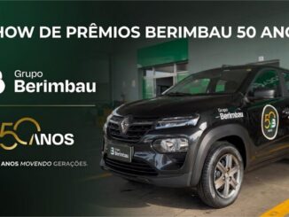 Promoção Show de Prêmios Berimbau 50 Anos com Renault Kwid preto estampado com a marca Grupo Berimbau