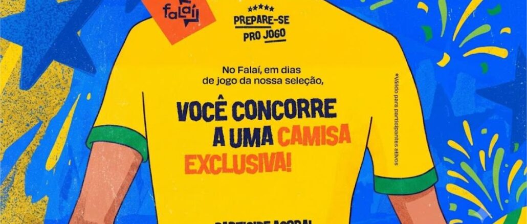 Ilustração publicitária da campanha Prepare-se pro Jogo do Falaí Pesquisas, com fundo azul vibrante e elementos alusivos à Copa do Mundo, exibindo as costas de uma camisa amarela da seleção brasileira com o texto: você concorre a uma camisa exclusiva.