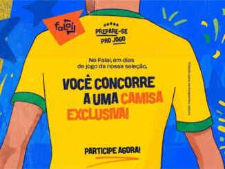Ilustração publicitária da campanha Prepare-se pro Jogo do Falaí Pesquisas, com fundo azul vibrante e elementos alusivos à Copa do Mundo, exibindo as costas de uma camisa amarela da seleção brasileira com o texto: você concorre a uma camisa exclusiva.