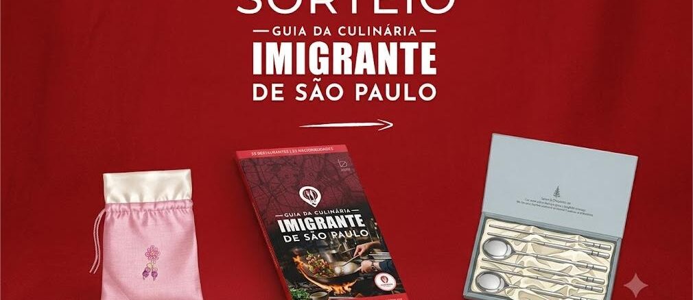 Sorteio Guia da Culinária Imigrante de São Paulo com prêmios ilustrativos: sachê de joias rosa, livro guia e conjunto de talheres dourados.