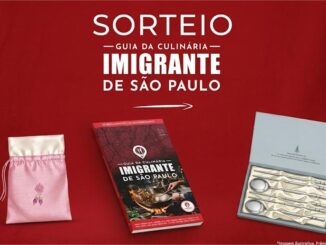 Sorteio Guia da Culinária Imigrante de São Paulo com prêmios ilustrativos: sachê de joias rosa, livro guia e conjunto de talheres dourados.