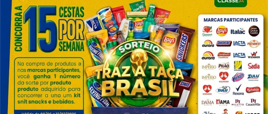 Sorteio Traz a Taça Brasil Delta Supermercado no interior de SP Arte promocional do sorteio Traz a Taça Brasil do Delta Supermarket, com cestas de snacks e bebidas de marcas participantes, válido de 08/06 a 12/07/2026, exclusivo para clientes Classe A.