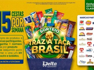 Arte promocional do sorteio Traz a Taça Brasil do Delta Supermarket, com cestas de snacks e bebidas de marcas participantes, válido de 08/06 a 12/07/2026, exclusivo para clientes Classe A.