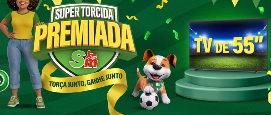 Banner promocional da campanha Super Torcida Premiada da Rede Supermarket, com personagem feminina animada, mascote cachorro com bola de futebol e TV de 55 polegadas em destaque sobre fundo verde.