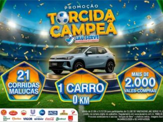 Peça publicitária da Promoção Torcida Campeã Jaú Serve Supermercados, com prêmios de 1 carro 0 km, 21 corridas malucas e mais de 2.000 vales-compras, válida de 01/06 a 31/07/2026.