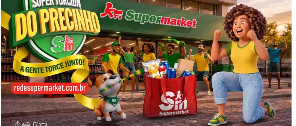 TORCIDA DO PRECINHO SUPERMARKET RIO DE JANEIRO Campanha Super Torcida do Precinho da Rede Supermarket, com personagens animados em 3D comemorando em frente a uma loja da rede.