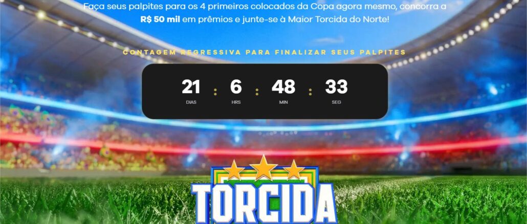 Banner promocional da campanha Torcida Jurunense Palpite Copa 2026, com contagem regressiva e prêmios de R$50mil.