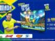 Peça publicitária da promoção Torcida Premiada Roldão com um apresentador apontando para uma Smart TV de 50 polegadas. O fundo exibe cores verde e azul com texturas de redes de gol de futebol.