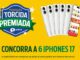 Imagem promocional da campanha Torcida Premiada do aplicativo pede.ai com fundo amarelo, apresentando seis celulares e o anúncio de sorteio de seis iPhones 17.