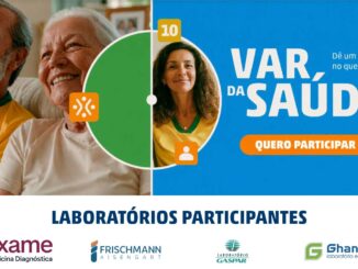 Banner publicitário da campanha Var da Saúde apresentando fotos de pessoas sorridentes e logotipos de laboratórios parceiros.
