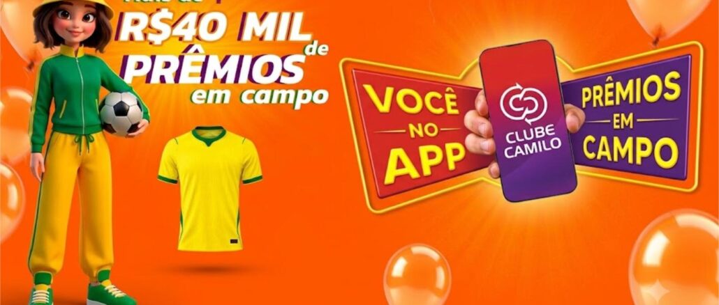 Personagem animada com roupa esportiva nas cores verde e amarelo segura uma bola de futebol ao lado de uma camiseta amarela, com destaque para a promoção Você no App Prêmios em Campo do Clube Camilo, oferecendo mais de R$40.000,00 em prêmios.