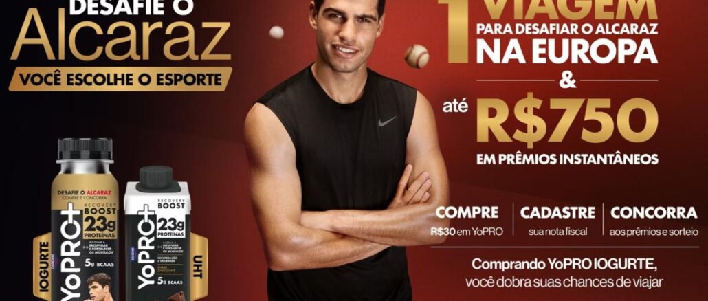 Yopro Desafie o Alcaraz Você Escolhe o Esporte Peça publicitária da promoção YoPRO Desafie o Alcaraz Você Escolhe o Esporte, com o tenista Carlos Alcaraz ao centro, dois produtos da linha YoPRO à esquerda e informações sobre os prêmios à direita.