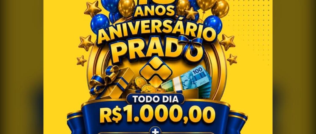 Banner promocional dos 18 anos do Prado Supermercados em Santa Catarina, com sorteio diário de R$1.000,00 e vales de R$500,00