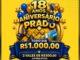 Banner promocional dos 18 anos do Prado Supermercados em Santa Catarina, com sorteio diário de R$1.000,00 e vales de R$500,00
