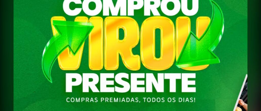 Banner comemorativo dos 60 anos da Coocerqui com a campanha Comprou Virou Presente, fundo verde com efeito de arrastão de compras, título dourado com efeito 3D e setas verdes indicando transformação, logos Somos Coop e 60 anos Coocerqui na base.