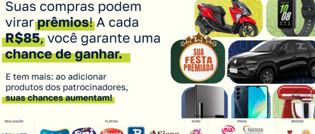 Banner promocional da 7ª edição da campanha Sua Festa Premiada, com prêmios como moto, smartwatch, carro, geladeira, celular e batedeira, além de logos dos patrocinadores.