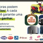 Banner promocional da 7ª edição da campanha Sua Festa Premiada, com prêmios como moto, smartwatch, carro, geladeira, celular e batedeira, além de logos dos patrocinadores.