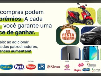 Banner promocional da 7ª edição da campanha Sua Festa Premiada, com prêmios como moto, smartwatch, carro, geladeira, celular e batedeira, além de logos dos patrocinadores.