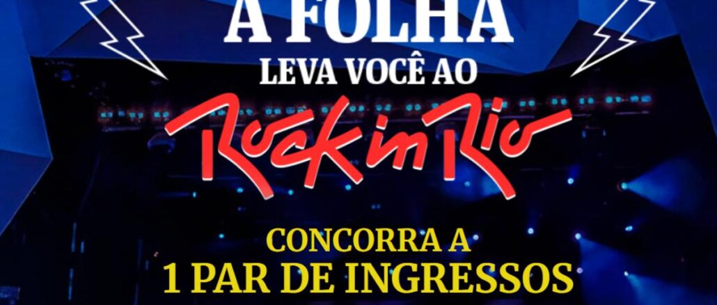 A Folha Leva Você Ao Rock In Rio Banner escuro em tons de azul com raios estilizados nas laterais, palco de show iluminado ao fundo, título "A Folha Leva Você Ao Rock In Rio" em branco e vermelho no estilo da logomarca do festival, com o texto "Concorra a 1 Par de Ingressos de Gramado" em amarelo na parte inferior