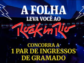 Banner escuro em tons de azul com raios estilizados nas laterais, palco de show iluminado ao fundo, título "A Folha Leva Você Ao Rock In Rio" em branco e vermelho no estilo da logomarca do festival, com o texto "Concorra a 1 Par de Ingressos de Gramado" em amarelo na parte inferior