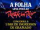 Banner escuro em tons de azul com raios estilizados nas laterais, palco de show iluminado ao fundo, título "A Folha Leva Você Ao Rock In Rio" em branco e vermelho no estilo da logomarca do festival, com o texto "Concorra a 1 Par de Ingressos de Gramado" em amarelo na parte inferior
