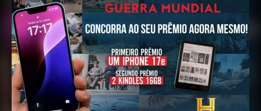 A História Te Prende O History Te Premia Divulgação da promoção Segunda Guerra Mundial do canal History, com celular exibindo a hora 17:17 na tela de bloqueio, fotos históricas em preto e branco ao fundo, Kindle exibindo capas de livros e logotipo do canal History no canto inferior direito.