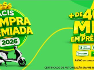Banner da promoção ACIS Compra Premiada 2026 em Sertãozinho SP, com fundo verde e amarelo, ícones de cifrões dourados, selo redondo escrito ACIS Compra Premiada 2026, ilustração de uma moto elétrica branca com baú, e destaque para o texto mais de 400 mil em prêmios, incluindo 13 motos elétricas, 15 bicicletas, 1 viagem e vales-compras, com a regra R$100 em compras equivale a 1 cupom e o certificado de autorização SPA/ME número 06.047604.