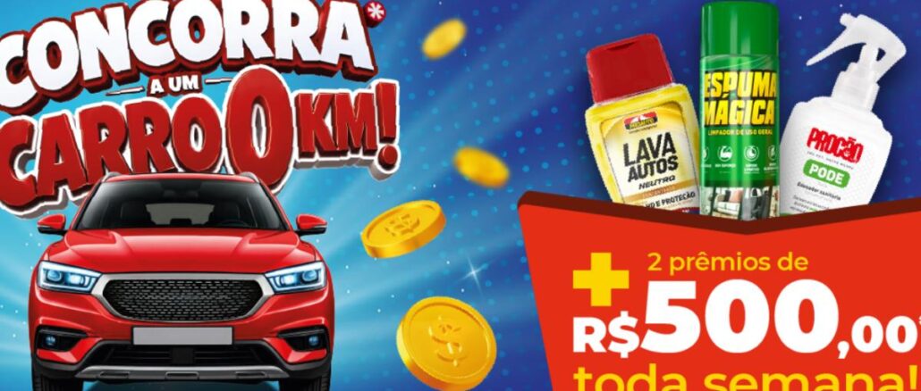 Ação Compra Premiada PROAUTO, CAR COLLECTION, PROCÃO, ESPUMA MÁGICA, BREEZE e CAT ZONE Banner promocional com fundo azul, carro SUV vermelho 0km, moedas douradas e produtos de limpeza automotiva PROAUTO, com destaque para prêmios semanais de R$500,00