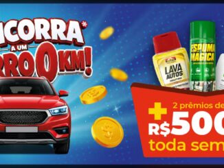 Banner promocional com fundo azul, carro SUV vermelho 0km, moedas douradas e produtos de limpeza automotiva PROAUTO, com destaque para prêmios semanais de R$500,00