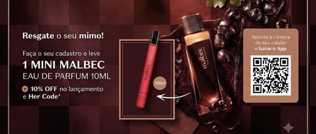 Banner promocional da ação de fluxo Malbec EDP Boticário, com faixa em tons de vinho e uva, garrafa e mini perfume Malbec Eau de Parfum, QR code para download do aplicativo e texto sobre cadastro e brinde