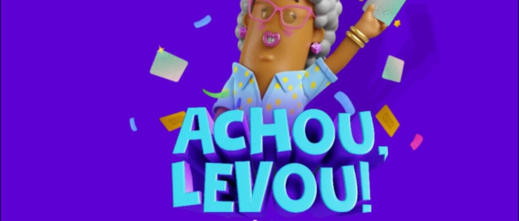 Achou Levou Familhão Segundo Semestre 2026 Promoção Achou, Levou! do Familhão — segundo semestre de 2026, com personagem animada em 3D comemorando entre confetes coloridos sobre fundo roxo vibrante.